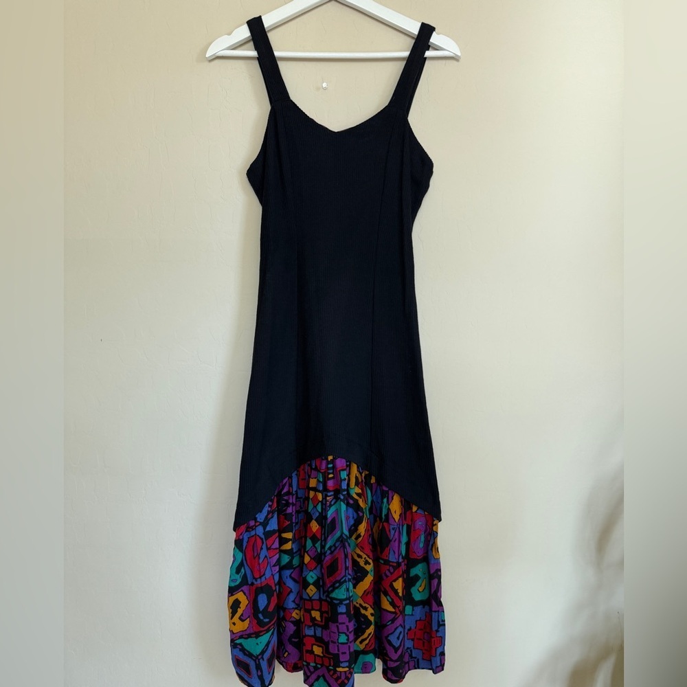 Black Midi Dress with Multicolor Geometric Hem